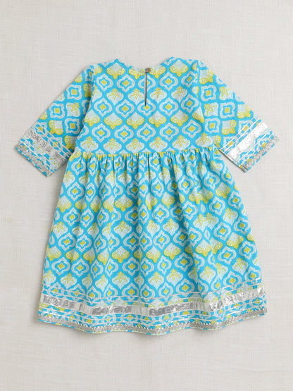Half Sleeves Geometric Print Alia Cut Kurta Set- Aqua