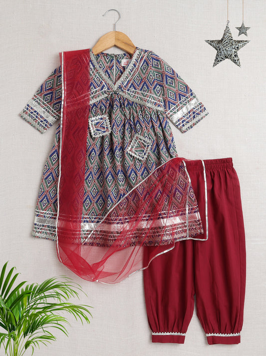 Half Sleeves Geometric Print Alia Cut Kurta Set- Blue