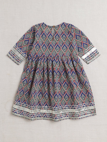 Half Sleeves Geometric Print Alia Cut Kurta Set- Blue