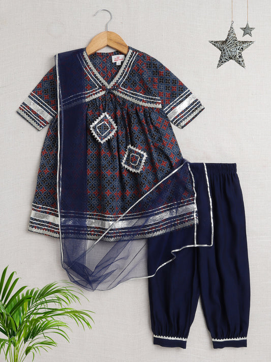 Half Sleeves Floral Print Alia Cut Kurta Set- Indigo Blue