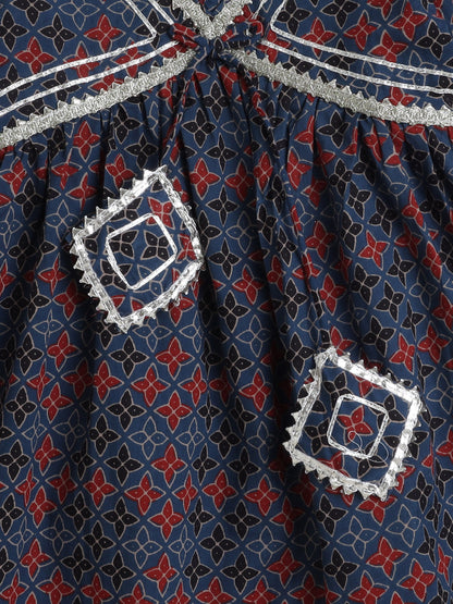 Half Sleeves Floral Printed Gota Lace Embellished Kurta With Dupatta & Salwar Set - Indigo Blue