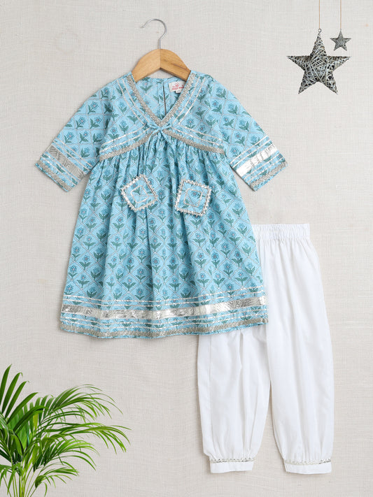 Half Sleeves Floral Print Alia Cut Kurta Set- Blue