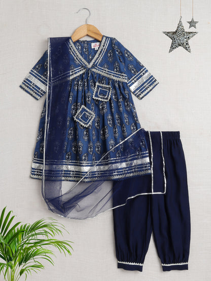 Half Sleeves Floral Print Alia Cut Kurta Set Indigo Blue