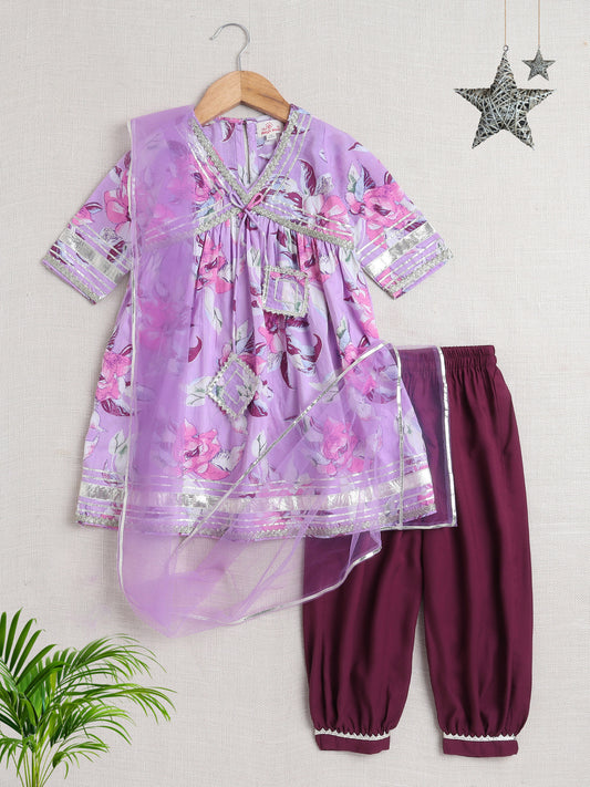 Half Sleeves Floral Print Alia Cut Kurta Set- Purple