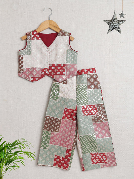 Sleeveless All over Print Top and Pant Set  Maroon