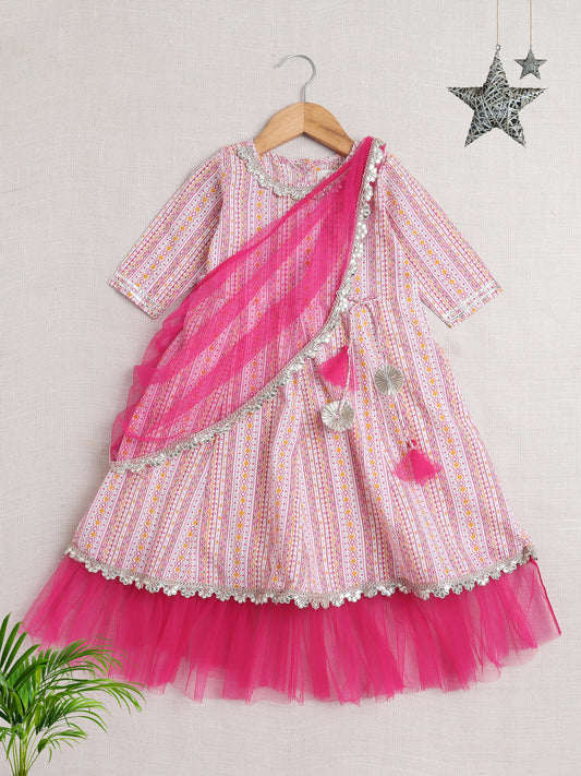 Sleeveless All Over Print Ethnic Dress- Pink