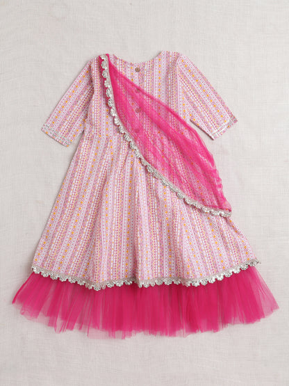 Sleeveless All Over Print Ethnic Dress- Pink