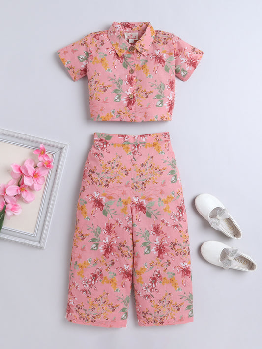 Half Sleeve Floral Printed Collar Top & Coordinating Pant Set   Peach