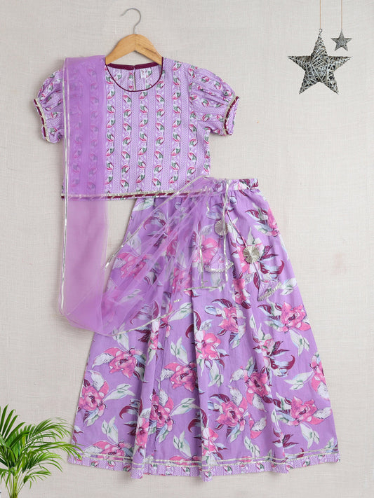 Cotton Half Sleeves  Floral Printed & Lace Embellished Lehenga Choli With Dupatta Set - Purple