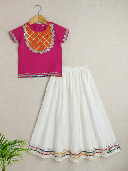 Half Sleeves Lace Embellished Pattu Pavadai Lehenga Choli Set - Fuchsia