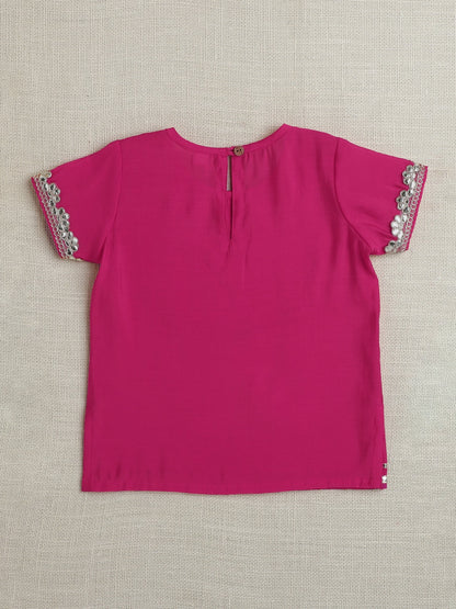 Half Sleeves Lace Embellished Pattu Pavadai Lehenga Choli Set - Fuchsia