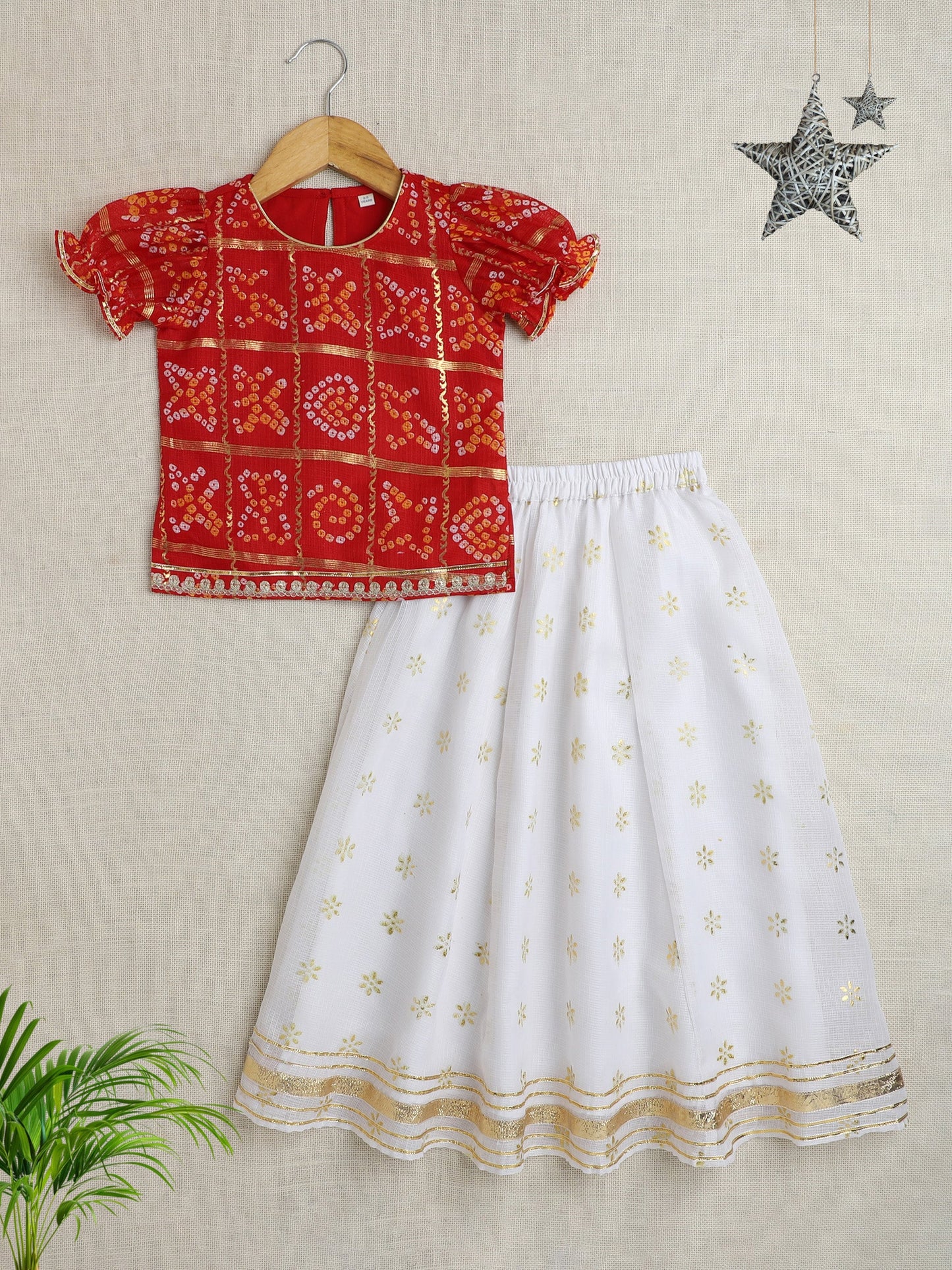 Half Sleeves Kota Butti & Foil Motifs Printed Pattu Pavadai Lehenga Choli Set - Red & White