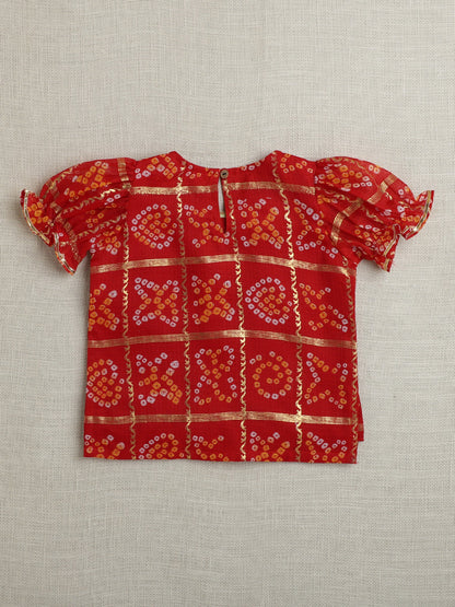 Half Sleeves Kota Butti & Foil Motifs Printed Pattu Pavadai Lehenga Choli Set - Red & White
