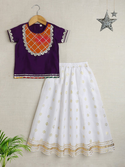 Half Sleeves Lace Embelished & Foil Motifs Printed Pattu Pavadai Lehenga Choli Set - Purple & White