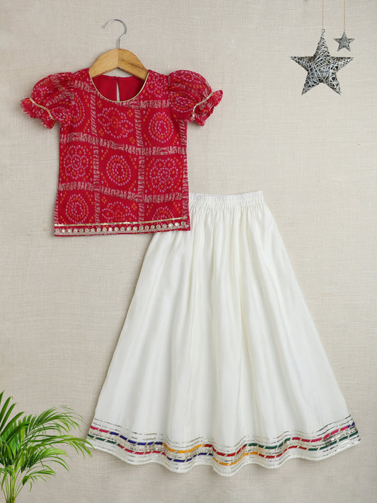 Half Sleeves Bandhani Designed & Lace Embellished Pattu Pavadai Lehenga Choli Set - Fuchsia