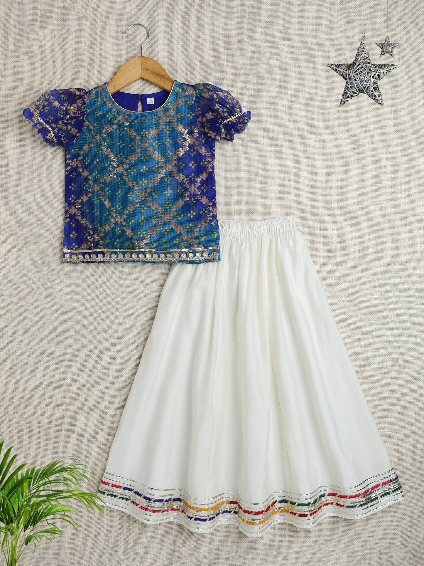Half Puffed Sleeves Ethnic Foil Printed & Lace Embellished Pattu Pavadai Lehenga Choli Set - Blue & White