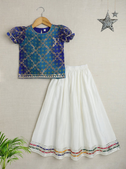 Half Puffed Sleeves Ethnic Foil Printed & Lace Embellished Pattu Pavadai Lehenga Choli Set - Blue & White
