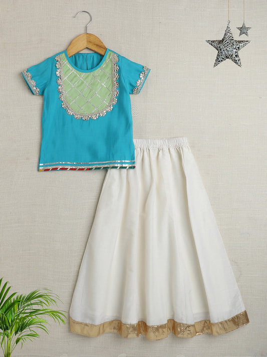 Half Sleeves Lace Embellished Pattu Pavadai Lehenga Choli Set - Aqua Blue