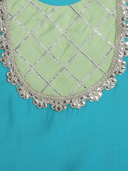 Half Sleeves Lace Embellished Pattu Pavadai Lehenga Choli Set - Aqua Blue