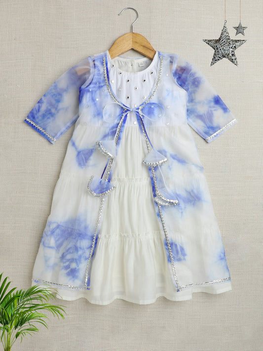 The Magic Wand Sleeveless Aabla Embroidered Dress With Tie & Dye Lace Embelished Shrug Blue