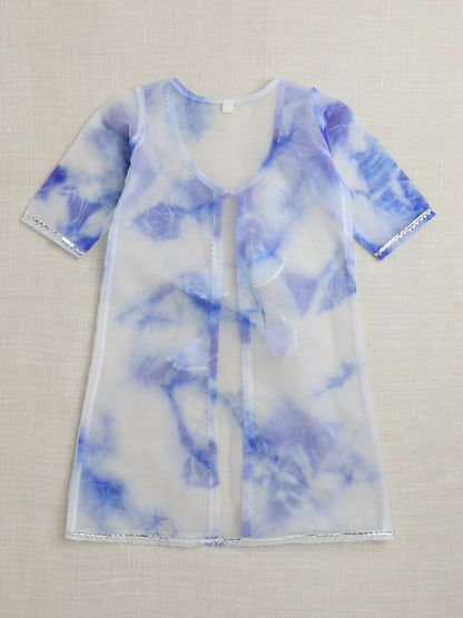The Magic Wand Sleeveless Aabla Embroidered Dress With Tie & Dye Lace Embelished Shrug Blue