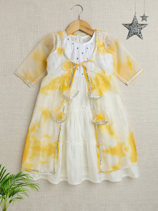 The Magic Wand Sleeveless Aabla Embroidered Dress With Tie & Dye Lace Embelished Shrug Yellow