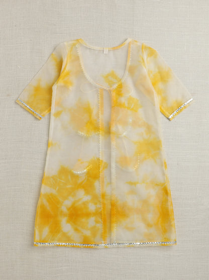 The Magic Wand Sleeveless Aabla Embroidered Dress With Tie & Dye Lace Embelished Shrug Yellow