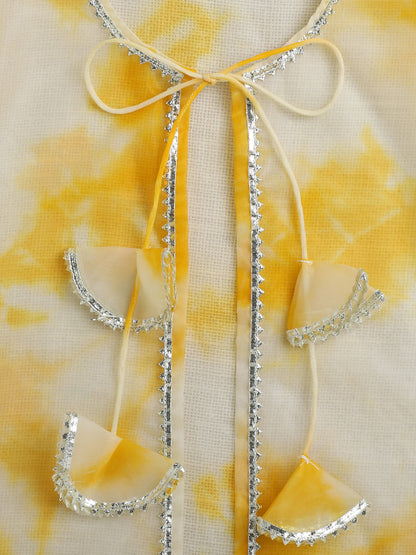 The Magic Wand Sleeveless Aabla Embroidered Dress With Tie & Dye Lace Embelished Shrug Yellow