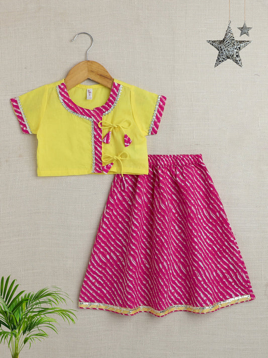 Cotton Half Sleeves Abstract Printed & Lace Embellished Lehenga Choli Set - Fuchsia & Yellow