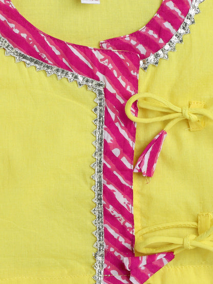 Cotton Half Sleeves Abstract Printed & Lace Embellished Lehenga Choli Set - Fuchsia & Yellow