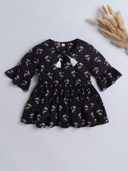 Cotton Three Forth Sleeves Floral Printed with Tassel Top -Black
