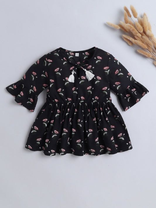 Cotton Three Forth Sleeves Floral Printed with Tassel Top -Black