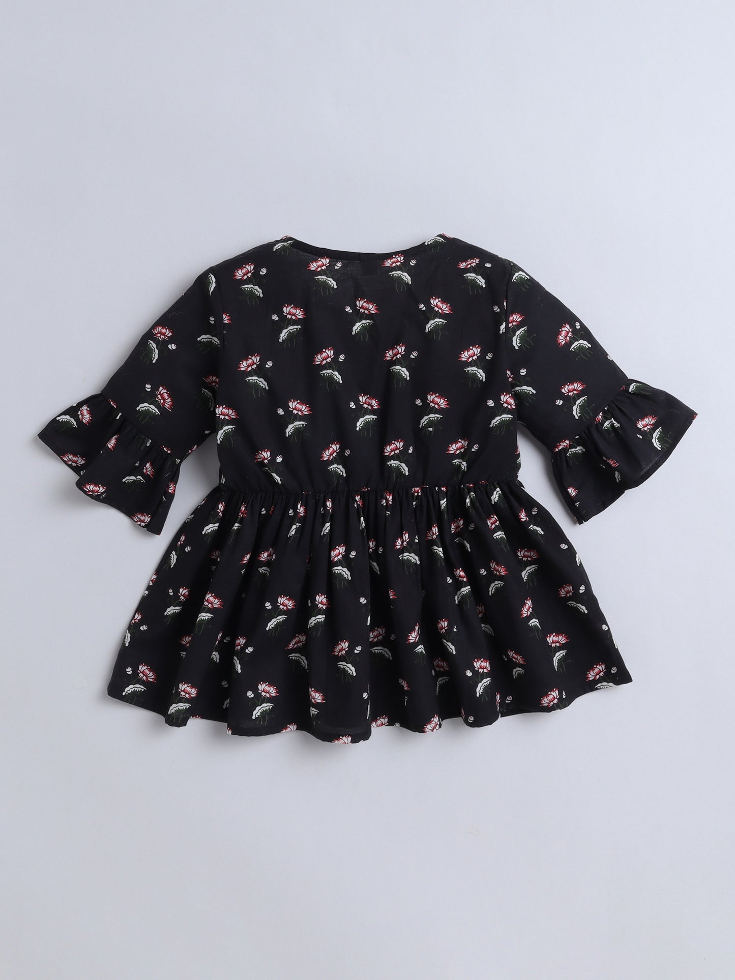Cotton Three Forth Sleeves Floral Printed with Tassel Top -Black