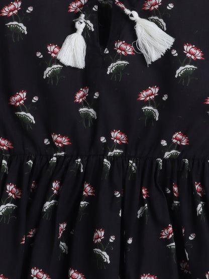 Cotton Three Forth Sleeves Floral Printed with Tassel Top -Black