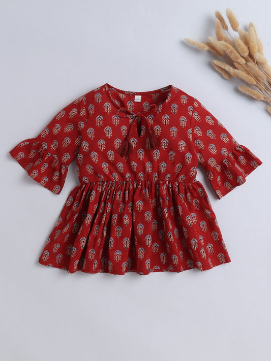 Cotton Three Fourth Sleeves Floral Printed with Tassel Top -Maroon