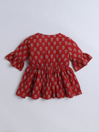 Cotton Three Fourth Sleeves Floral Printed with Tassel Top -Maroon
