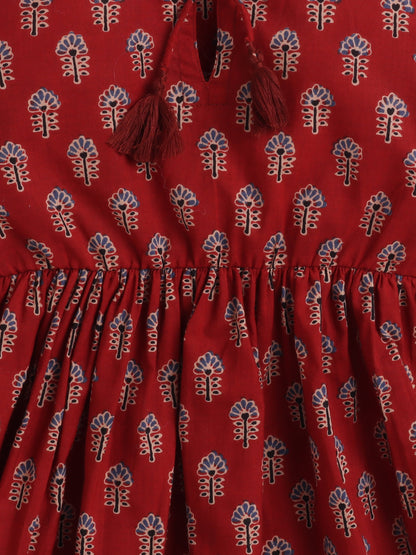 Cotton Three Fourth Sleeves Floral Printed with Tassel Top -Maroon