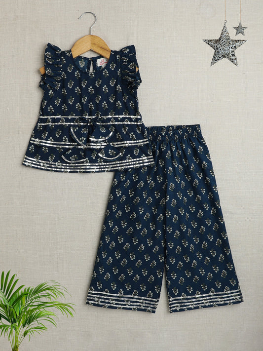 Cotton Cap Sleeves Lace Embelsihed & Floral Printed Top & Coordinating Pant Set - Teal Blue