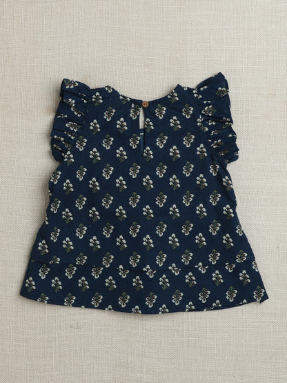 Cotton Cap Sleeves Lace Embelsihed & Floral Printed Top & Coordinating Pant Set - Teal Blue