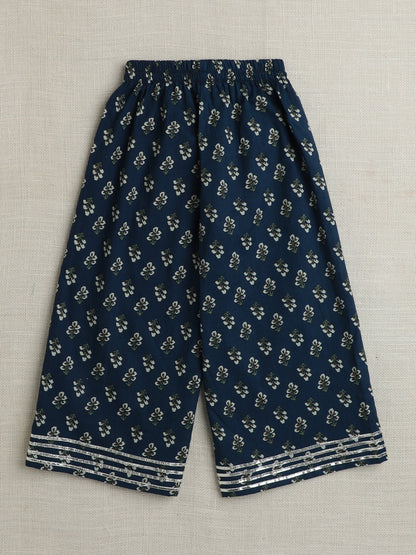 Cotton Cap Sleeves Lace Embelsihed & Floral Printed Top & Coordinating Pant Set - Teal Blue