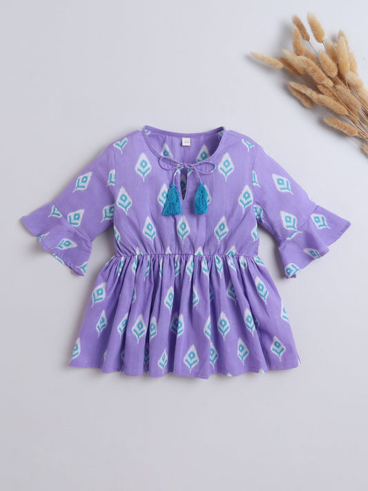 Cotton Three Fourth Sleeves Ikat Printed Top with Tassels -Purple