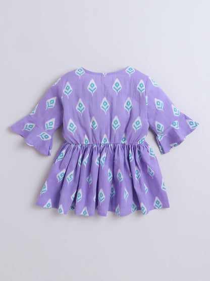 Cotton Three Fourth Sleeves Ikat Printed Top with Tassels -Purple
