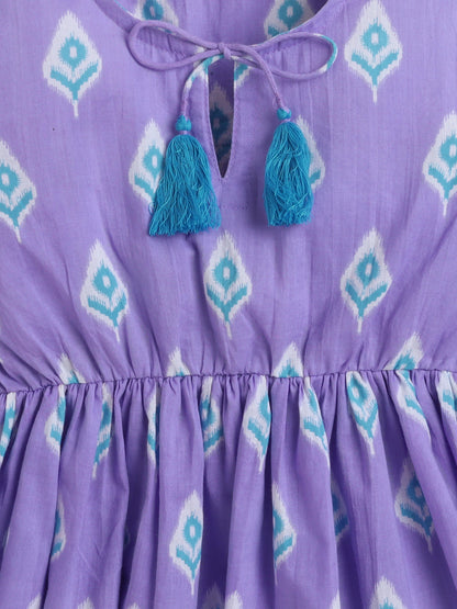Cotton Three Fourth Sleeves Ikat Printed Top with Tassels -Purple