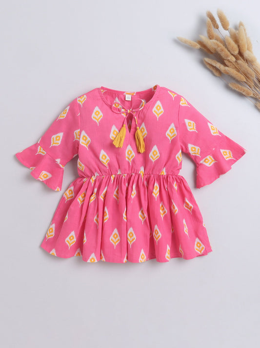 Cotton Three Fourth Sleeves Ikat Printed Gathered Top with Tassels -Pink