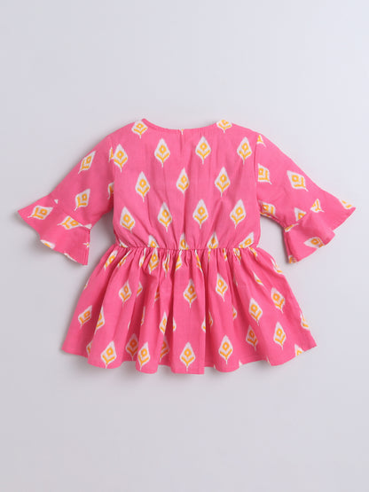 Cotton Three Fourth Sleeves Ikat Printed Gathered Top with Tassels -Pink