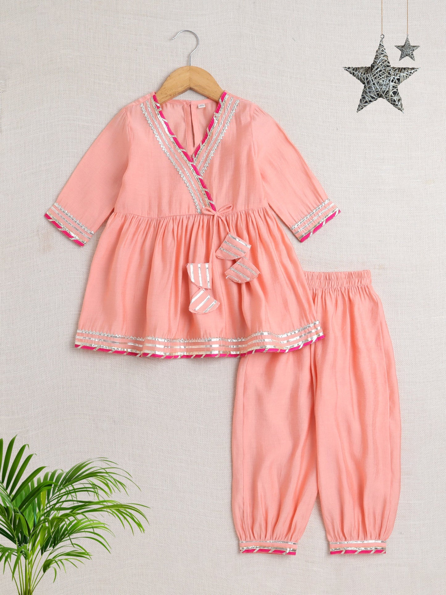Three Fourth Sleeves Gota Lace Embellished Kurta Pant Set - Peach