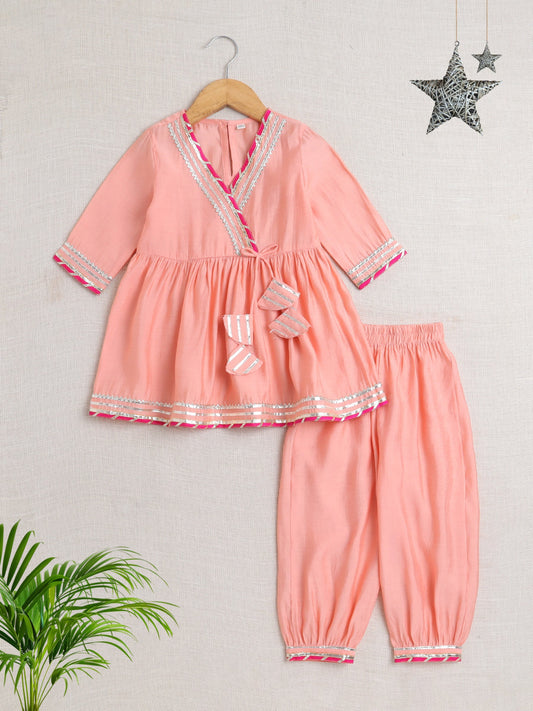 Three Fourth Sleeves Gota Lace Embellished Kurta Pant Set - Peach