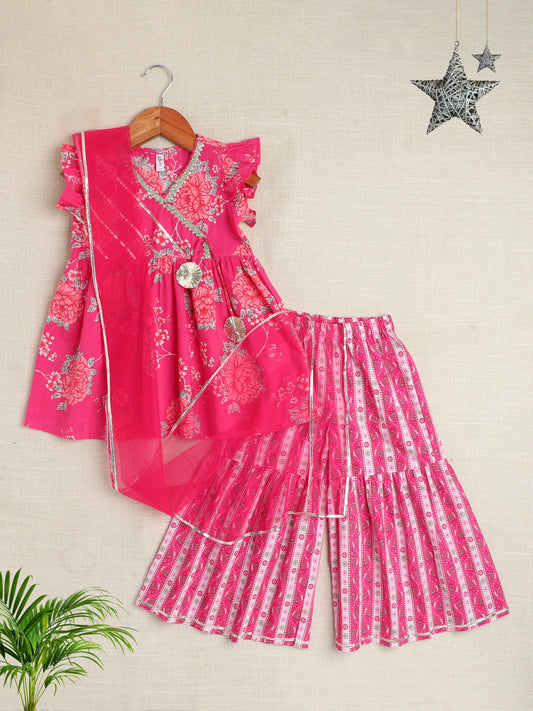 Cotton Frill Sleeves Floral Printed & Lace Embellished Kurta Sharara With Dupatta Set - Fuchsia