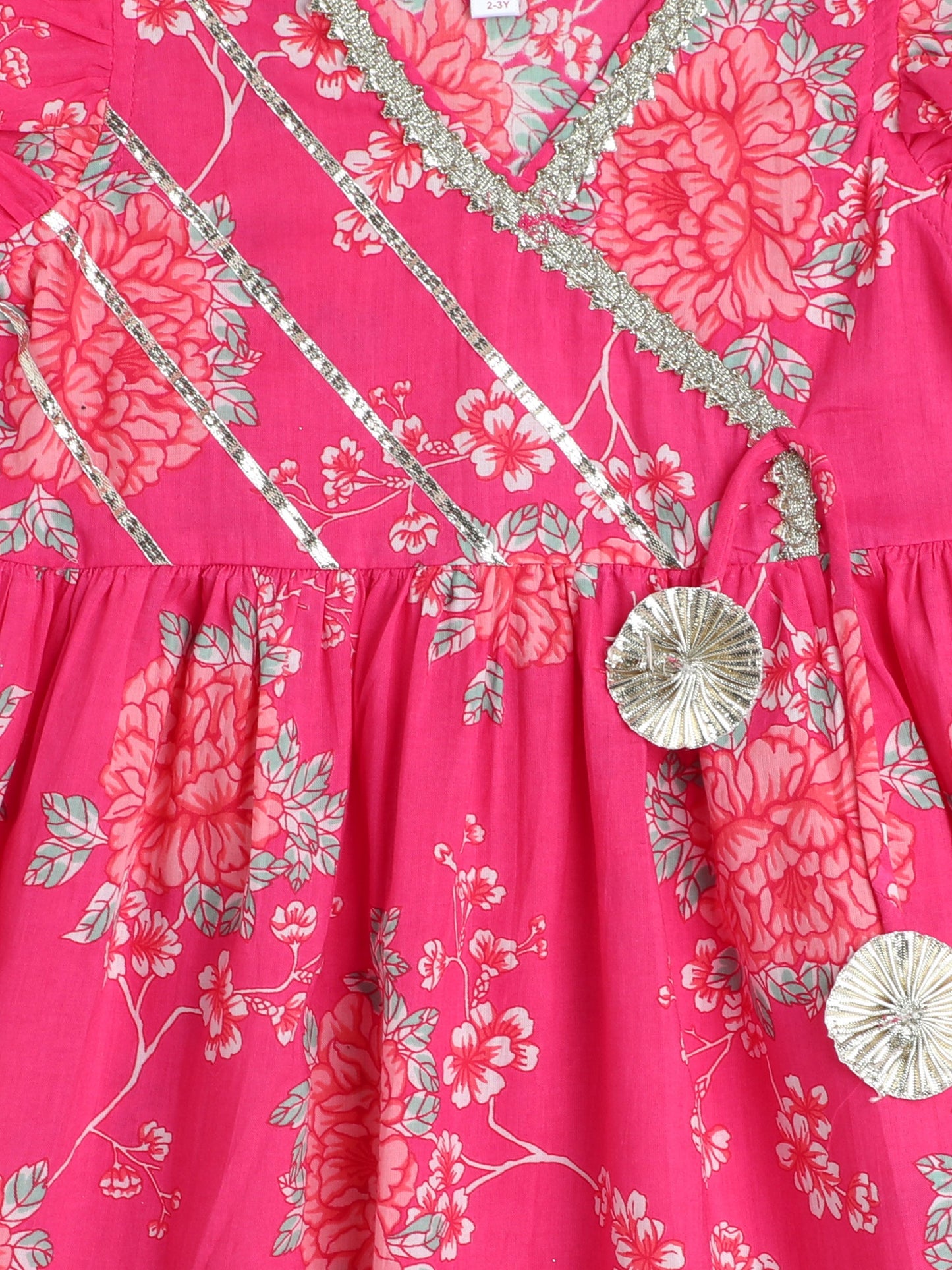Cotton Frill Sleeves Floral Printed & Lace Embellished Kurta Sharara With Dupatta Set - Fuchsia