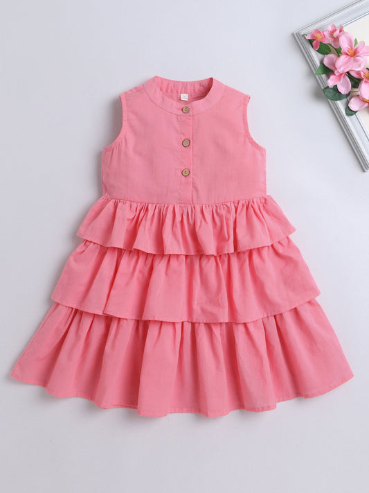 Cotton Sleeveless Solid Layered Dress - Pink